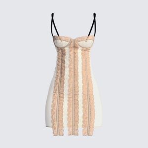 Tan Lace Mesh Mini Dress